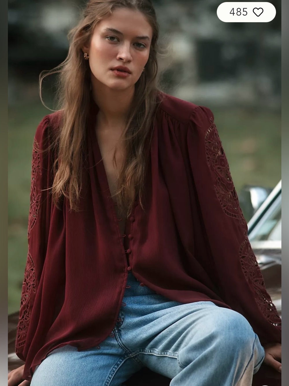 NWT by Anthropologie Maroon The Estela Sheer Embroidered Blouse Sz L